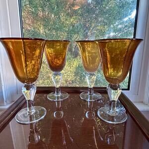 Vintage Artland Amber Gold Fleck Goblets Set of 4 Stemware 8.5”